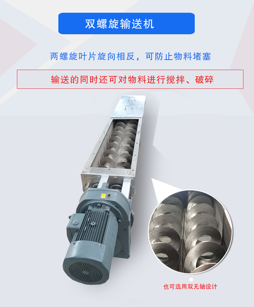 雙螺旋輸送機(jī)兩螺旋葉片旋向相反，可防止物料堵塞