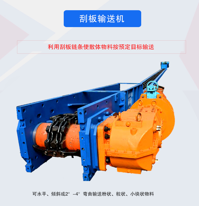 刮板輸送機(jī)采用刮板鏈牽引，可水平或傾斜輸送散狀物料，輸送距離長(zhǎng)、密封性好無(wú)粉塵污染，功率消耗小