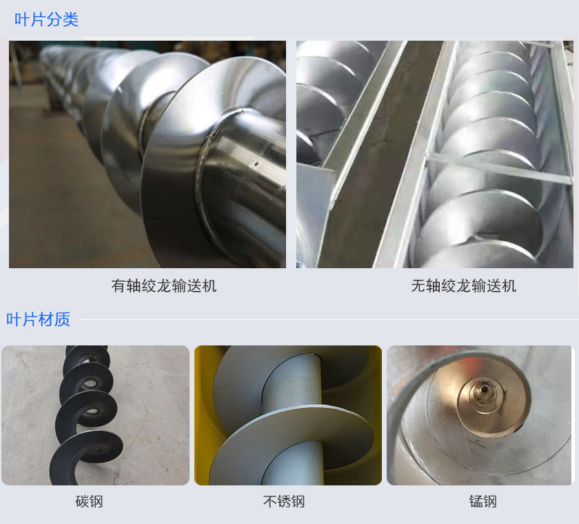 絞龍輸送機(jī)分為有軸和無軸絞龍輸送機(jī)，可根據(jù)物料不同選擇有碳鋼、不銹鋼、錳鋼等材質(zhì)。